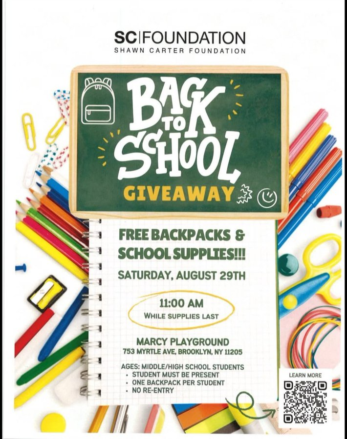 kmharris95's tweet photo. UPCOMING: #JayZ @ShawnCarterSF  is hosting their Back to School Giveaway in Brooklyn next Saturday. ✨

They will be giving away free backpacks and school supplies to middle and high school students while supplies last.

Marcy Playground - 753 Myrtle Ave, Brooklyn, NY @ 11:00 AM https://t.co/gzLQC3P3QD