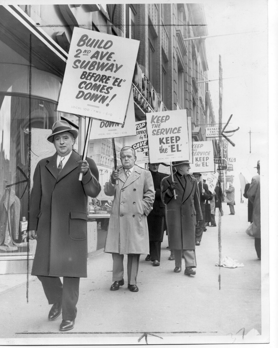 TWULocal100's tweet photo. #FlashbackFriday to when we urged the MTA to build the 2nd avenue subway before tearing down the IRT 3rd Avenue elevated that operated in Manhattan and the Bronx.

The 3rd Avenue “El” was opened in 1878 and was the last elevated train to hold service in Manhattan. Due to pressure from those with real estate interest the “El” began to close in sections with Manhattan service phased out by 1955 and the Bronx by 1973 with the Bx41 and Bx55 taking over parts of its route. 

As for the 2nd Avenue subway, on January 1, 2017 the first phase of the project was completed with three new lines. The full line is said to be completed by September 2032, almost 60 years after the closure of the 3rd Avenue El. #WeMoveNY #UnionStrong #UnionSolidarity #WhenWeFightWeWin