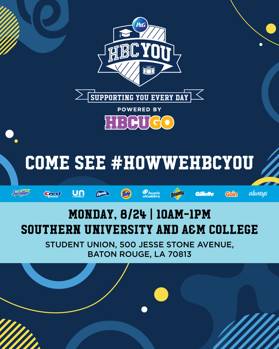SouthernU_BR's tweet photo. Come see #HowWeHBCYou!

Monday, @ProcterGamble is coming to the Bluff! Come pick up some products, and connect with P&amp;G professionals while learning about career opportunities! See you outside of the Student Union!

#WeAreSouthern #HBCU https://t.co/J8D6WoKH4l