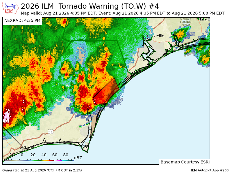 wxcast's tweet photo. ILM issues Tornado Warning [tornado: RADAR INDICATED, hail: 1.00 IN] for New Hanover, Pender [NC] till 5:00 PM EDT https://t.co/D5gCh2XL4q https://t.co/VuMdBlqzRP