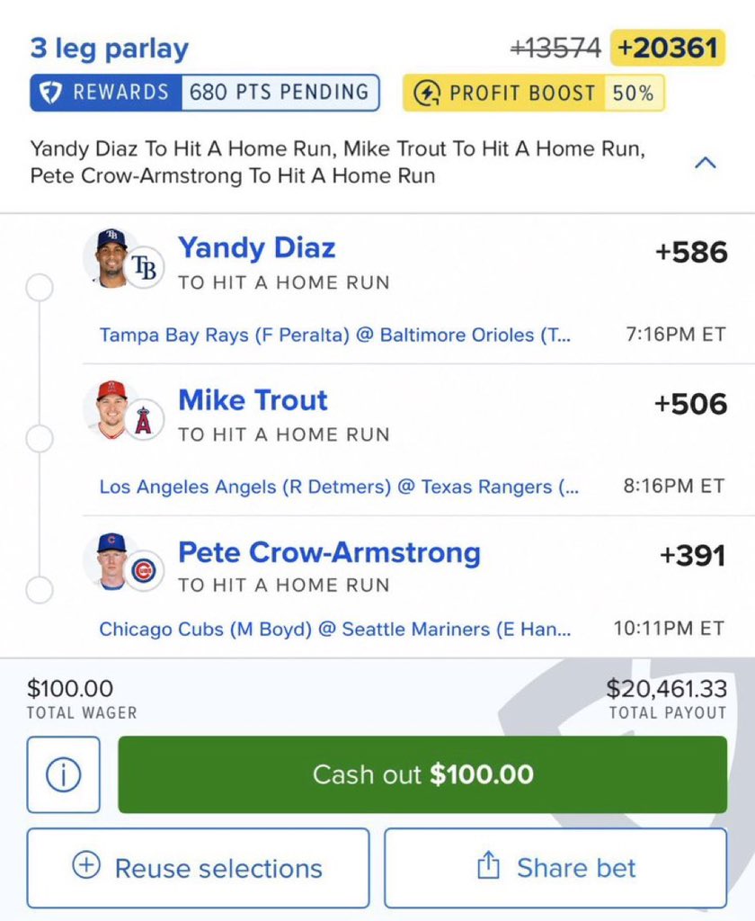 legacywin_'s tweet photo. 🔥 3-LEG HOME RUN PARLAY 🔥
⚾ Yandy Díaz — HR (+586)
⚾ Mike Trout — HR (+506)
⚾ Pete Crow-Armstrong — HR (+391)
🚨 +20361 ODDS
💰 $100 → $20,461.33
#DavisParlay #MLB #HRParlay #HomeRunParlay #MLBParlay #SportsBetting #BettingPicks #Longshot #LetsCash 🔥💰 https://t.co/TCDoOsUx1i