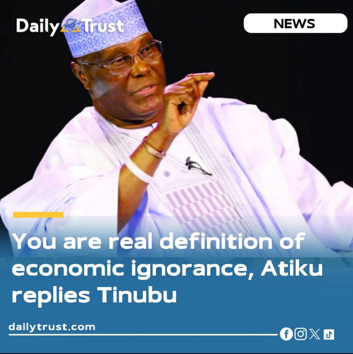 IU_Wakilii's tweet photo. “Tinubu’s courtiers may clap because FAAC allocations have increased, but hungry Nigerians cannot boil FAAC figures for dinner. Businesses cannot power factories with presidential speeches, workers cannot pay transport fares with macroeconomic grammar, and parents cannot settle school fees with statistics manufactured for State House applause”

- Alhaji Atiku Abubakar