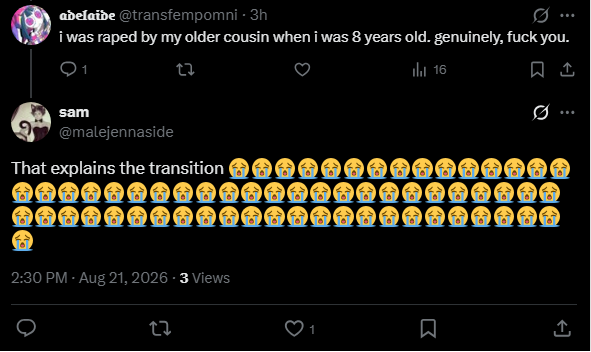 transfempomni's tweet photo. TERFs think rape is hilarious. TERFs do not care if a child is raped. TERFs will look a trans child in the face and say "it makes sense." You are not safe around these people. https://t.co/Vx8jNC4Phx