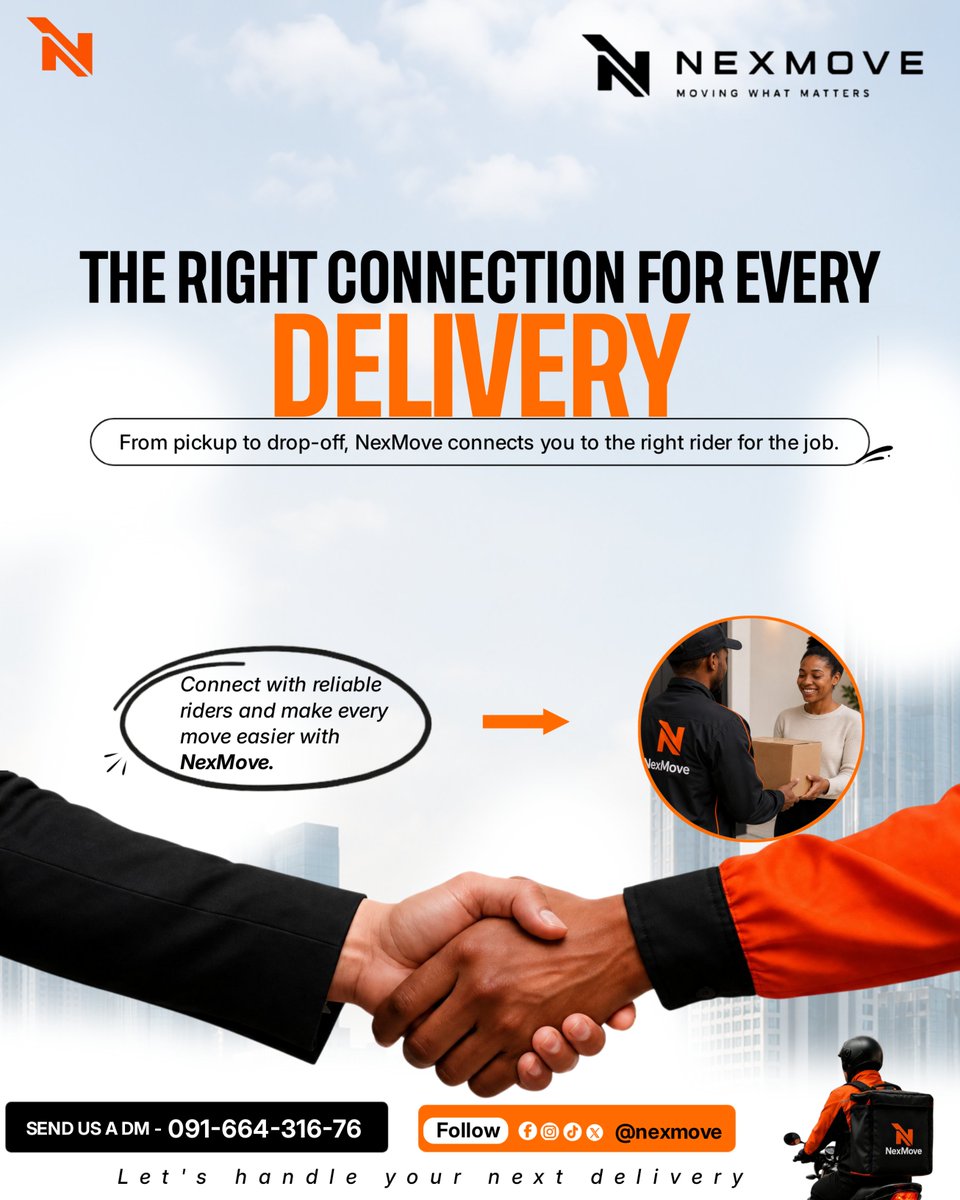 usenexmove's tweet photo. When the right rider meets the right delivery, everything flows better.
NexMove makes that connection simple, dependable, and ready when you need it.
One connection.
A smoother way to deliver.
Send Us A DM To Order A Rider
+2349166431676
#Nexmove #tgif #logistic #easydelivery https://t.co/8EQ07Iu70K