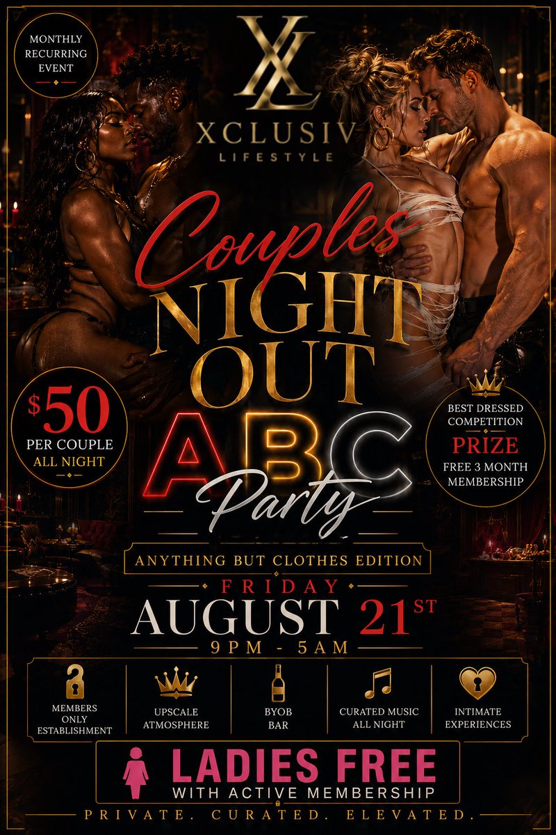 XCLUSIVLS's tweet photo. 50$ PER COUPLE🔥 LADIES FREE💋 YOU DONT WANT TO MISS OUT ON ONE OF THE SEXIEST NIGHTS OF THE MONTH‼️

COUPLES NIGHT OUT- ABC PARTY😈
Only at XCLUSIV Lifestyle🍍

9635 N Houston Rosslyn Rd. Houston Tx 77088

832-275-1807 or 832-845-7194 https://t.co/lRlTLKFUFX