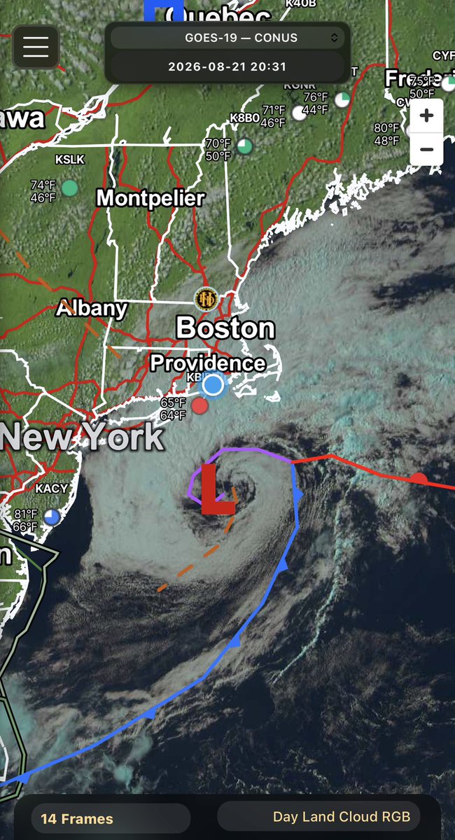 oralcarter's tweet photo. #RadarOmega #NortheastUSwx
RGB Color Differentiation: On Day Land Cloud RGB, low-level water droplet clouds appear bright cyan/teal, contrasting sharply with high-level ice clouds (cyan to magenta).
The vast, uniform cyan deck wrapping around the red surface low (\mathbf{L}) confirms the entire moisture envelope consists of shallow, liquid water droplets rather than glaciated convective cloud tops.
Surface/Buoy Ground Truth:
Offshore buoys (such as NDBC 44008 southeast of Nantucket and 44020 in Nantucket Sound) report steady rain, low cloud ceilings, and gusty winds—yet show no convective pressure jumps, sharp surface wind shifts, or lightning activity.