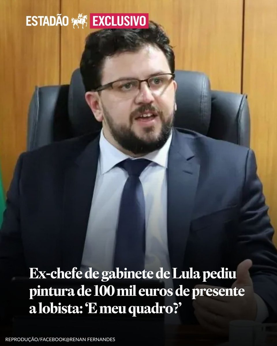 Estadao's tweet photo. Ex-chefe de gabinete de Lula pediu pintura de 100 mil euros de presente a lobista: ‘E meu quadro?’ > https://t.co/0mkkpY1GIw

Marco Aurélio Santana escreveu mensagem a Roberta Luchsinger e, em resposta, ela disse que o material estava sendo emoldurado para entrega; defesas ainda não se manifestaram
