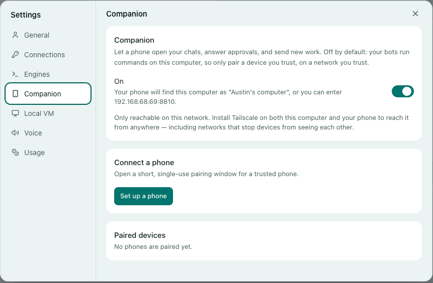 acbryeans's tweet photo. @BuildwithOmkarr is the "companion" tab is settings referring to the mobile app? I tried the qr code, but it wasn't working https://t.co/hTAMfgiWsa