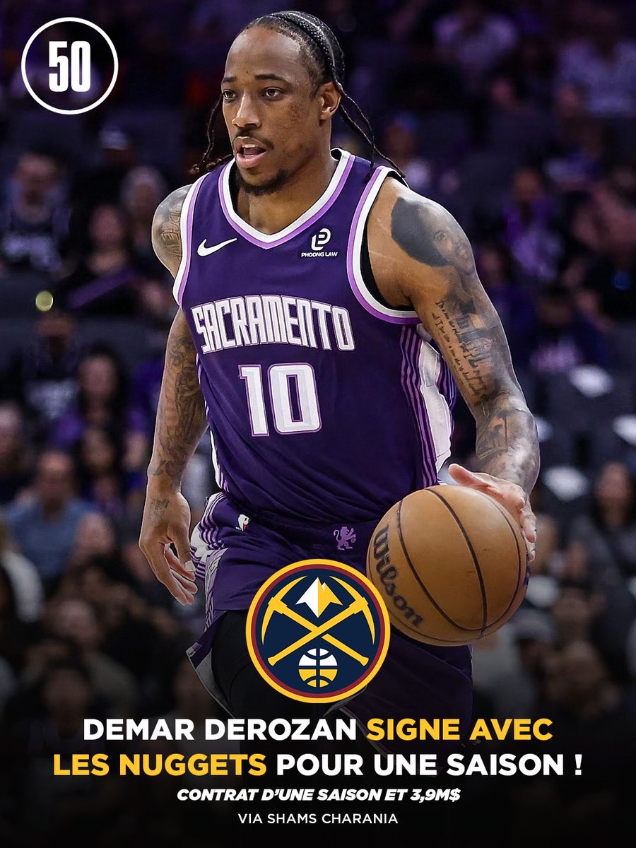 50NuancesDeNBA's tweet photo. 🚨 DEMAR DEROZAN SIGNE BEL ET BIEN AVEC LES NUGGETS ! 👀✅

Contrat d’une saison pour 3,9M$ ! 💰

🗞️ - @ShamsCharania https://t.co/2ZYf586VAn
