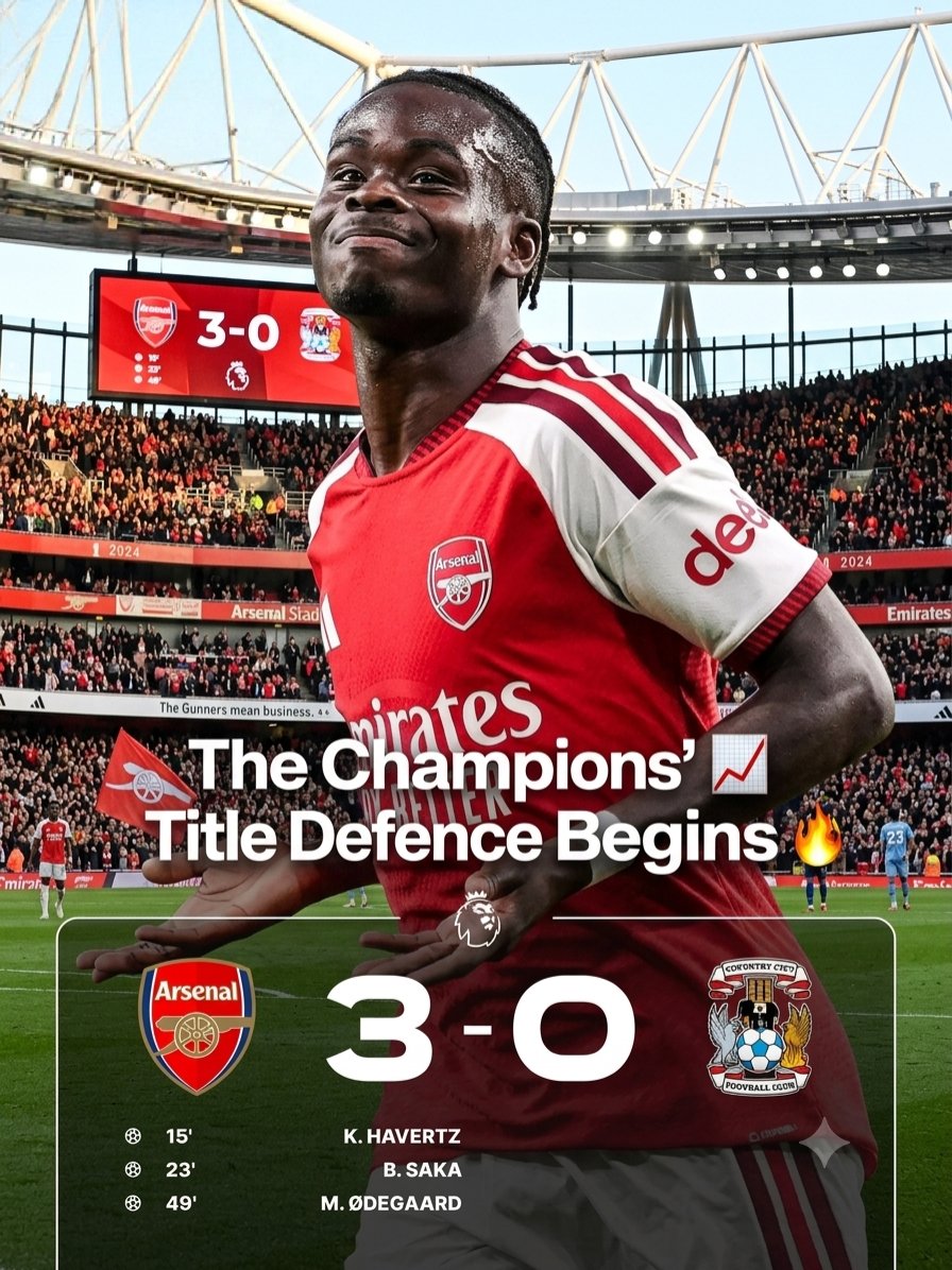 Sam_Rex39's tweet photo. 🚨 𝐀𝐑𝐒𝐄𝐍𝐀𝐋 𝐀𝐑𝐄 𝐁𝐀𝐂𝐊 𝐎𝐍 𝐓𝐎𝐏! 📈🔥

The champions kick off with a comfortable 3-0 win over newly promoted Coventry City. 🤝

Havertz. Saka. Ødegaard. ⚽️

𝐓𝐡𝐞 𝐆𝐮𝐧𝐧𝐞𝐫𝐬 𝐦𝐞𝐚𝐧 𝐛𝐮𝐬𝐢𝐧𝐞𝐬𝐬 𝐚𝐠𝐚𝐢𝐧.

#Arsenal #PremierLeague https://t.co/XB8P1Xl3RU