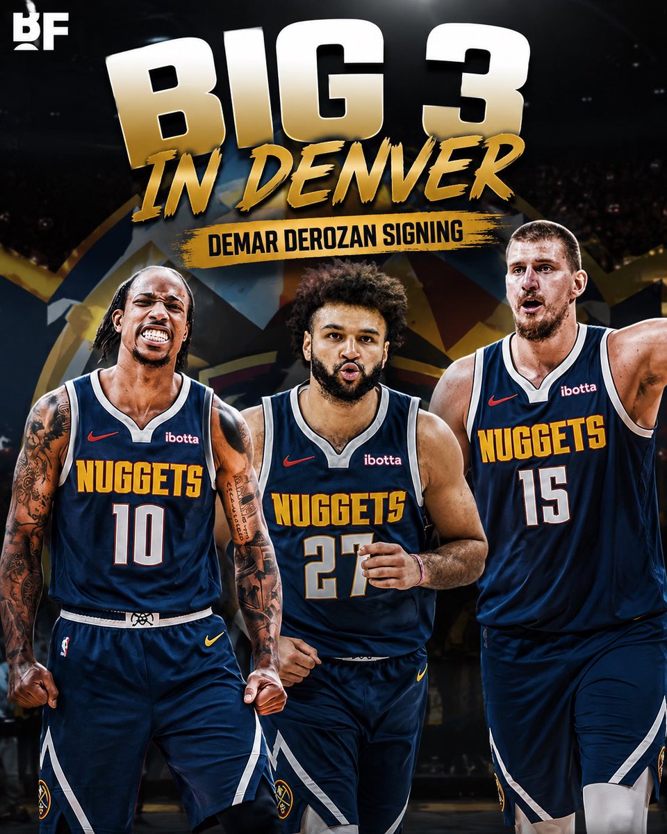 thetake_with_jb's tweet photo. DeMar DeRozan signs a one year deal with the Nuggets worth $3.9M creating a Big 3 of Jokic, Murray, and DeRozan. Thoughts? #demarderozan #denvernuggets #nba #nbanews https://t.co/Z3SIrsZfW1