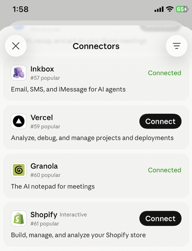 rayruizhiliao's tweet photo. two weeks since launching on Claude's connector directory: @inkbox_ai is trending and climbing, just surpassed Vercel, Granola, and Shopify 
https://t.co/HmyEOp3TfN https://t.co/ki6ssMoFPs