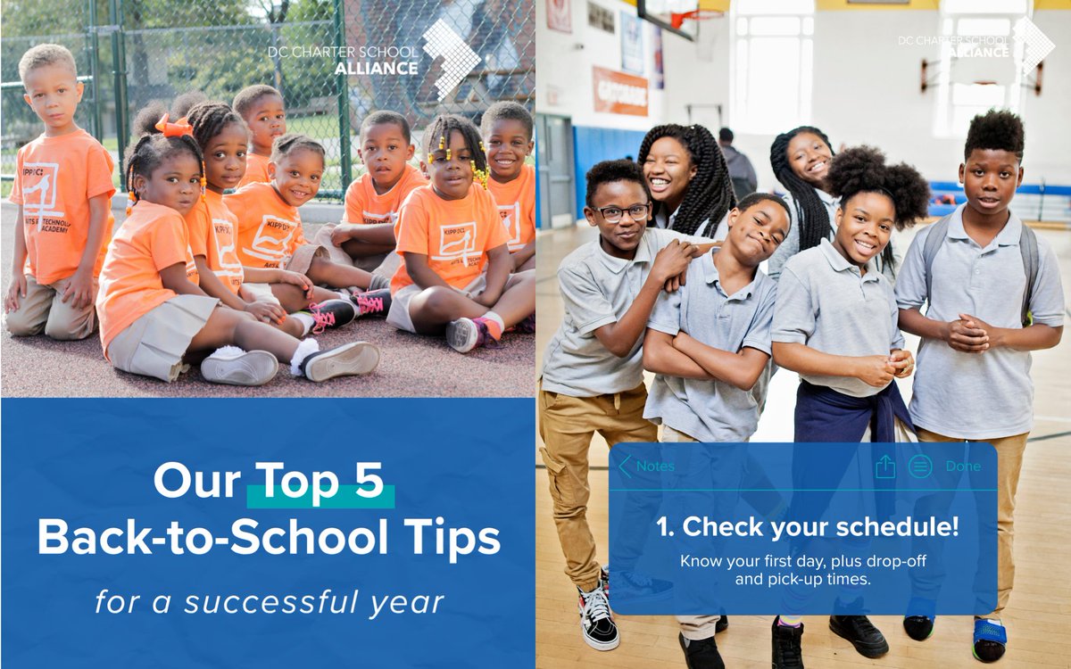 DC_Charters's tweet photo. While back-to-school is an exciting time for students jumping into learning, it's also be a busy time as you and your family prepare for the year. Here are our top 5 favorite tips to make your transition from summer to fall as smooth as it can be. 📝 #DCProudCharterStrong https://t.co/kTIsYQ7Es3