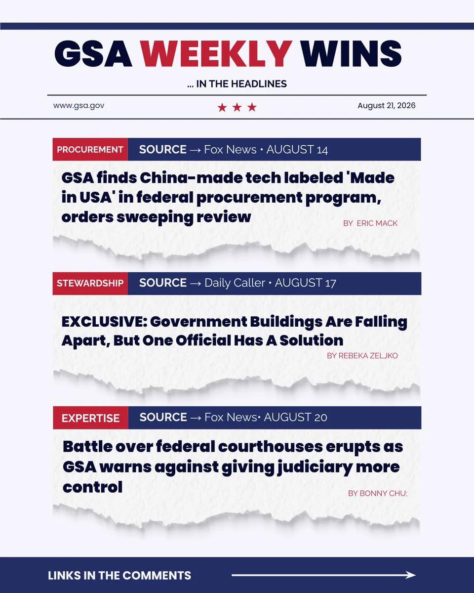 GSA Weekly Wins headlines from August 2026 covering procurement, stewardship, and expertise topics in federal government.