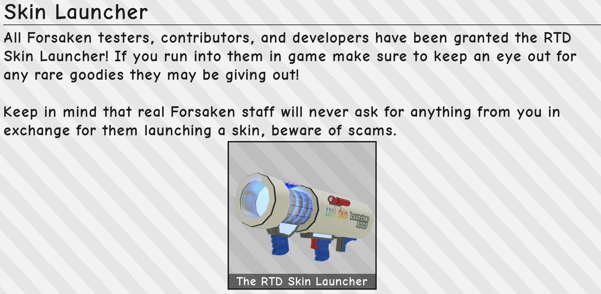 Forsaken_News's tweet photo. 🚨News🚨

All Forsaken testers, contributors, and developers have been granted the RTD Skin Launcher, and you could possibly get the Fat 1x1x1x1 and Tasteless Chance skins.
Don't harass or stalk team members for these skins.

|https://t.co/6QYC7jXulw|

#Forsaken #forsakenroblox #RTD