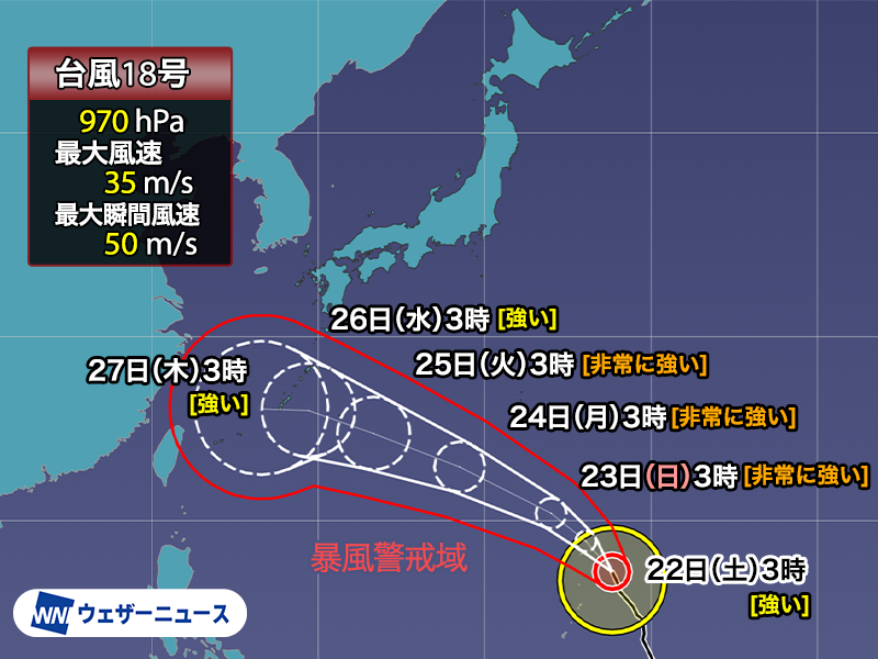 wni_jp's tweet photo. 【台風情報】
8月22日(土)3時現在、強い台風18号(ソウデル)の中心付近の最大風速は35m/sに達しています。今後はさらに発達する見込みで、来週は暴風域を伴って沖縄にかなり近づくおそれがあります。沖縄や奄美では早めの対策を。
https://t.co/q7cc9y8uKN https://t.co/BbAWTtkOjN