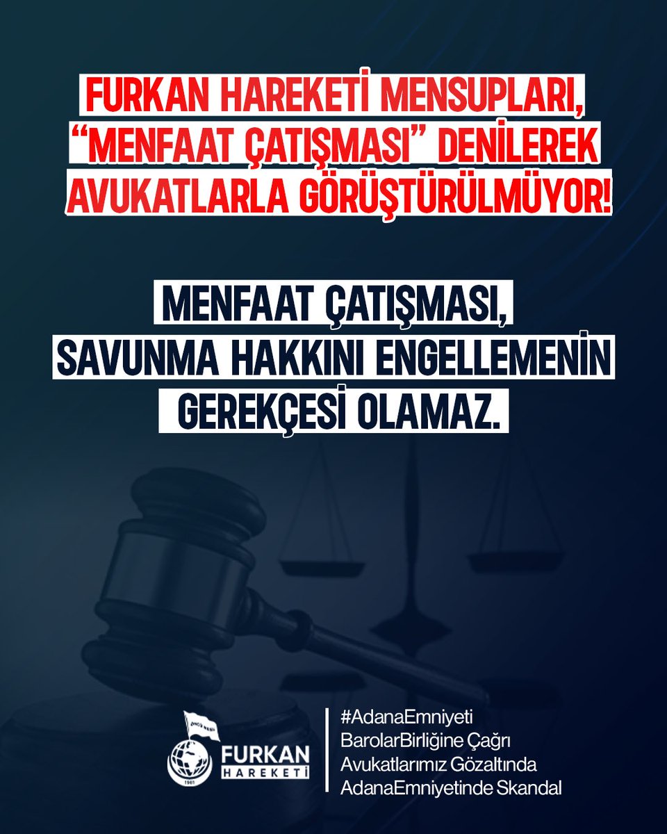 fhengellenemez's tweet photo. MENFAAT ÇATIŞMASI NEDİR?

Bir şüphelinin savunması, diğer şüphelinin savunmasıyla çatışıyorsa menfaat çatışması söz konusu olabilir.

Peki bizim durumumuzda böyle bir çatışma var mı?

Aynı operasyon.
Aynı soruşturma.
Aynı süreç.

Somut bir menfaat çatışması gösterilmeden, avukatların diğer müvekkillerinin ifadelerine girmesi engelleniyor.

MENFAAT ÇATIŞMASI, SAVUNMA HAKKINI ENGELLEMENİN GEREKÇESİ OLAMAZ.

#AdanaEmniyeti
BarolarBirliğine Çağrı
AdanaEmniyetinde Skandal
Avukatlarımız Gözaltında