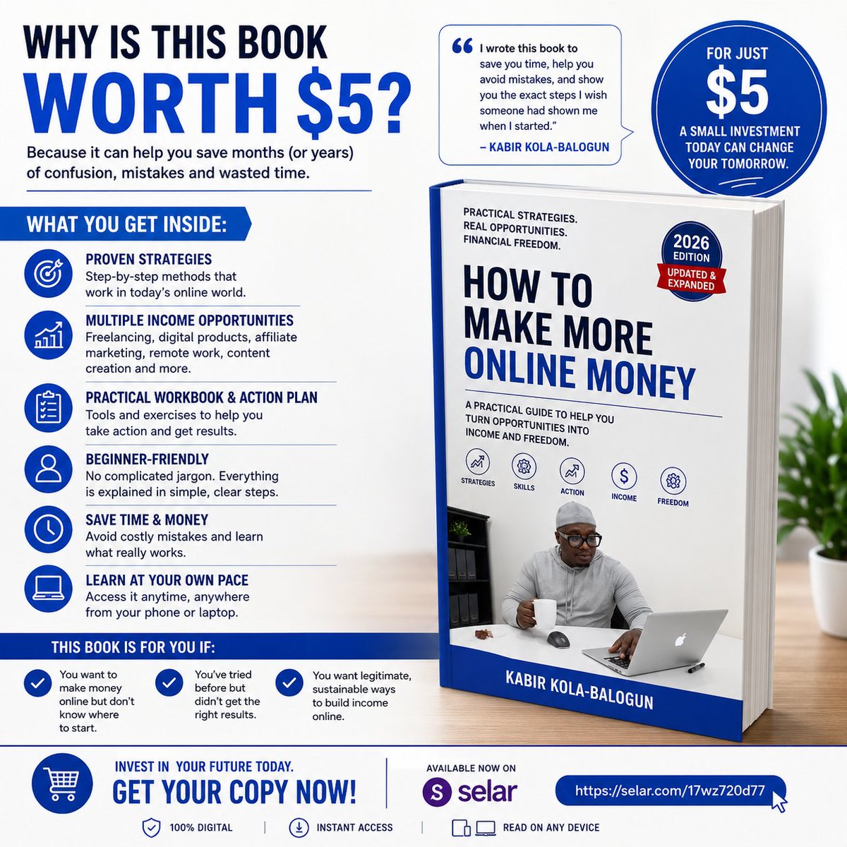 Slabariee's tweet photo. You don't need to spend thousands to start learning how to build income online.

For $5, you get a practical guide to help you understand your options, avoid common mistakes, and choose a realistic path to get started.

📘 HOW TO MAKE MORE MONEY ONLINE 
https://t.co/lx4K5UTvGT https://t.co/g4XgjprJHv