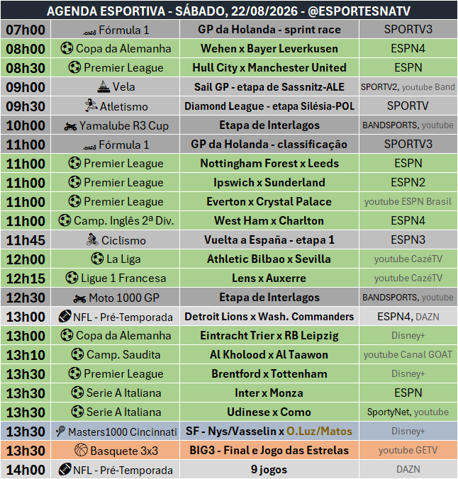 EsportesNaTV's tweet photo. A agenda esportiva deste SÁBADO (22/08/2026) https://t.co/DLs6u9F1J7