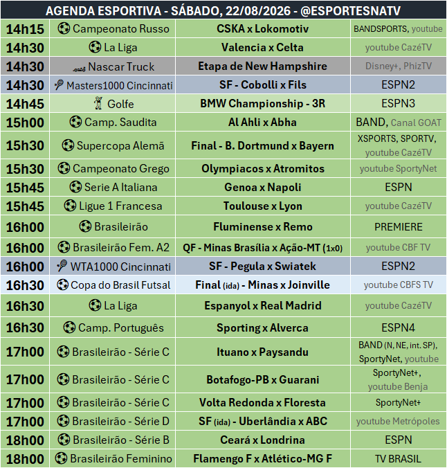 EsportesNaTV's tweet photo. A agenda esportiva deste SÁBADO (22/08/2026) https://t.co/DLs6u9F1J7
