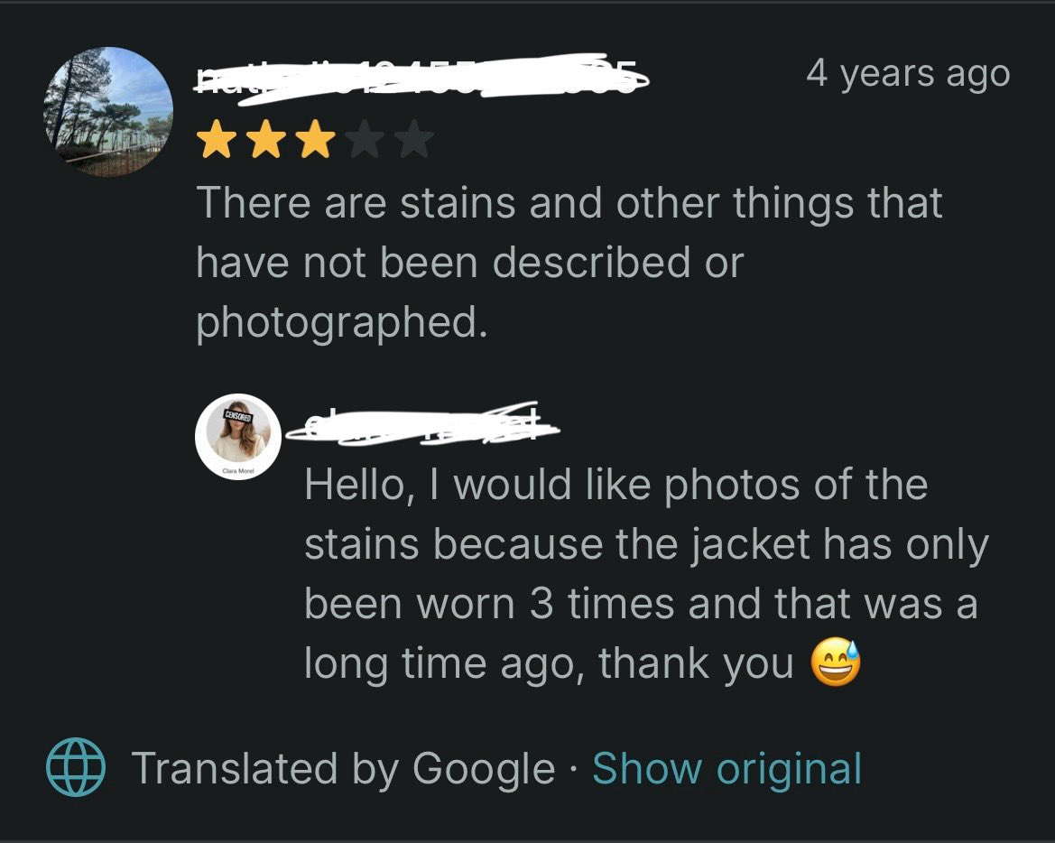 tais13_'s tweet photo. uma menina me tirou pra merda na vinted pq eu não aceitei sua proposta e aí eu fui ver as reviews do perfil dela e ela responde todo mundo que dá nota baixa de um jeito muito engraçado e eu fiquei mega fã quero seguir a diva pra ficar lendo as reviews https://t.co/97KHbBdKm9
