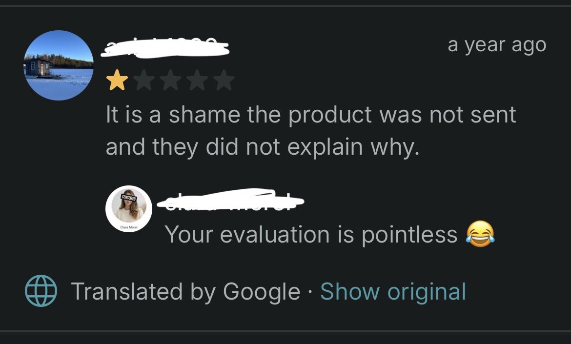 tais13_'s tweet photo. uma menina me tirou pra merda na vinted pq eu não aceitei sua proposta e aí eu fui ver as reviews do perfil dela e ela responde todo mundo que dá nota baixa de um jeito muito engraçado e eu fiquei mega fã quero seguir a diva pra ficar lendo as reviews https://t.co/97KHbBdKm9
