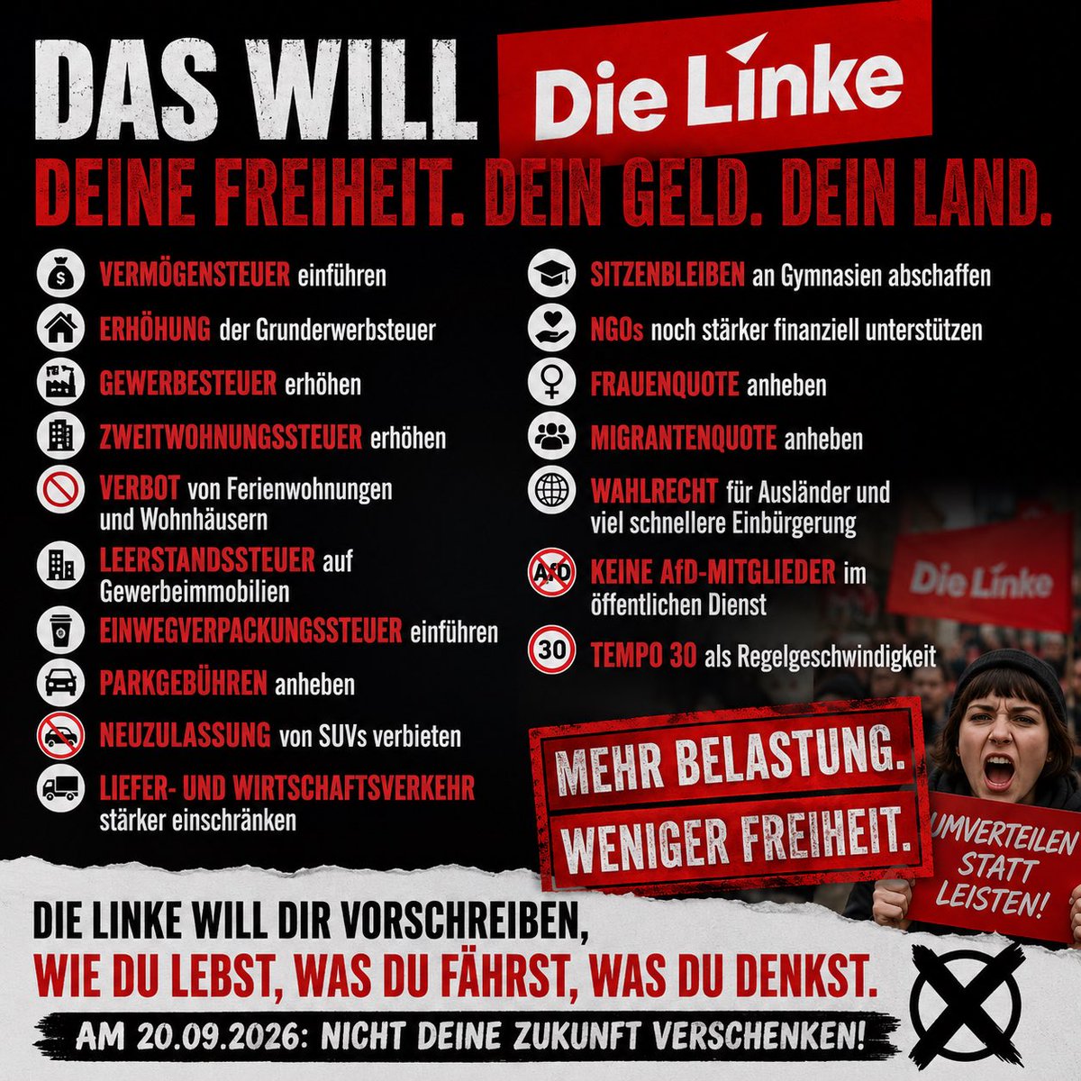 AndreasS2904's tweet photo. Wer seine Freiheit, sein Vermögen und sein Land aufgeben möchte, der wählt die Linke und/oder alle Parteien, die mit ihr koalieren würden!

Wer die Freiheit will, der wählt FDP - am 20.9.2026 in Berlin!

@fdp_berlin https://t.co/NxDUVBcovD