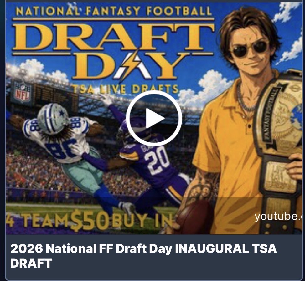 yardzilla's tweet photo. 2026 National FF Draft Day INAUGURAL TSA DRAFT https://t.co/C7y2127JwZ via @YouTube

Watch 13 other great FF players like @JCMoneyDesign go one on one with the great one ( me ) tonight live on YouTube in celebration of National Fantasy Football Draft Day!  

Watch us tackle a 14 team single qb TE premium draft live. See ya there!

#FantasyFootballdraft