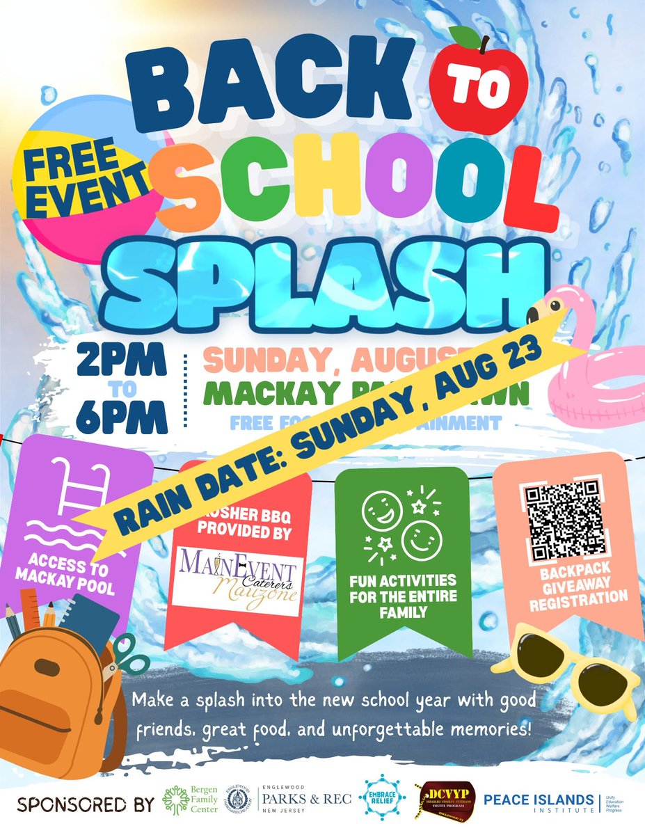 PIINJ's tweet photo. We’re proud to partner with our fellow community organizations for the rescheduled Back to School Splash! 🌊🎒

📅 Sunday, Aug. 23
⏰ 2–6 PM
📍 Mackay Park &amp; Pool
Free family fun, pool access, kosher BBQ and a backpack giveaway! https://t.co/lw9drUQ9Ty