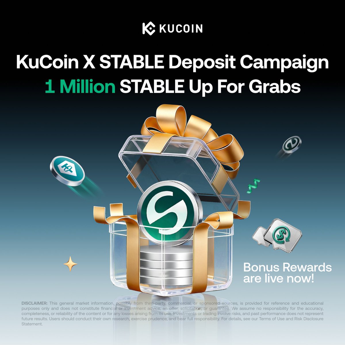 Kucoinkin's tweet photo. Stable is levelling up the rewards! ⚡

Less than 2 weeks remain to join the @Stable Deposit Carnival on KuCoin. Complete two simple tasks to share a 1,071,621 $STABLE prize pool.

New update: All users, including those who registered before August 21, are now eligible for the bonus on the first 10,500 USDT in deposits — with bonus reward rates of up to 200%.

👉Visit the campaign site and check the “Bonus Rewards” section for full details:
https://t.co/cPjQgPRJNb…
