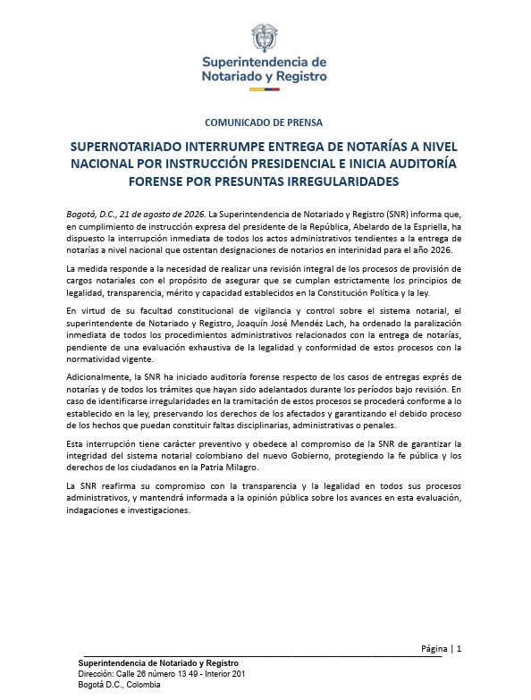 NoticiasRCN's tweet photo. #Noticia | El superintendente de Notariado y Registro interrumpe entrega de notarías a nivel nacional por instrucción presidencial e inicia auditoría forense por presuntas irregularidades en sus nombramientos. https://t.co/mjpnwbTxnt