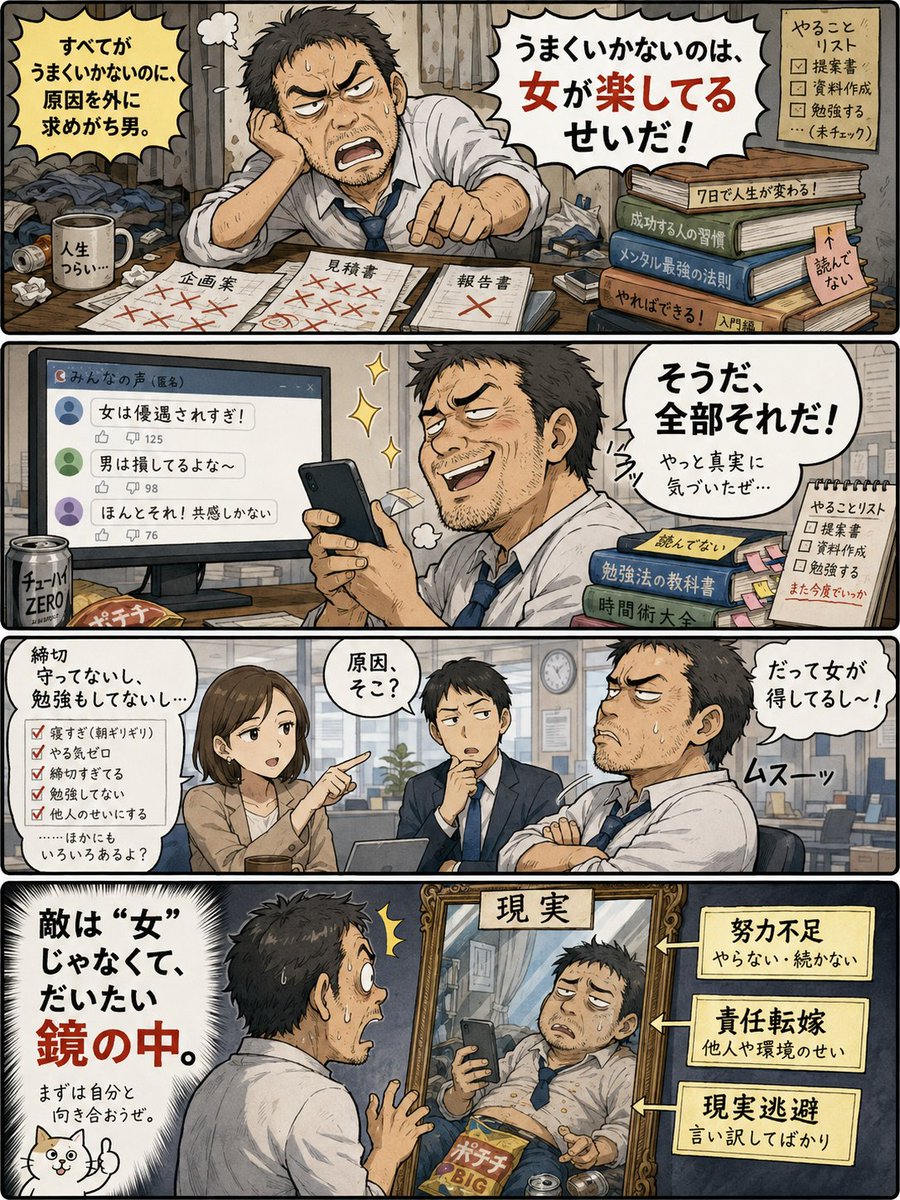 Er3JTY34Fg1651's tweet photo. 「おじさんが生きづらいのは女が楽してるから」って、原因の置き場所そこなの？

仕事でも恋愛でも人間関係でも、自分がうまくいかない理由を全部「女だけ優遇されてる」にすると、自分自身を見直さなくて済むから気持ちは楽なんだね

でも女性を叩いたところで、自分の能力も環境も人生も1ミリも改善しないよ

他人の性別を恨むことに時間使うより、自分が変えられるところ見た方がよっぽど前に進めると思う

#男女論 #ジェンダー #SNS