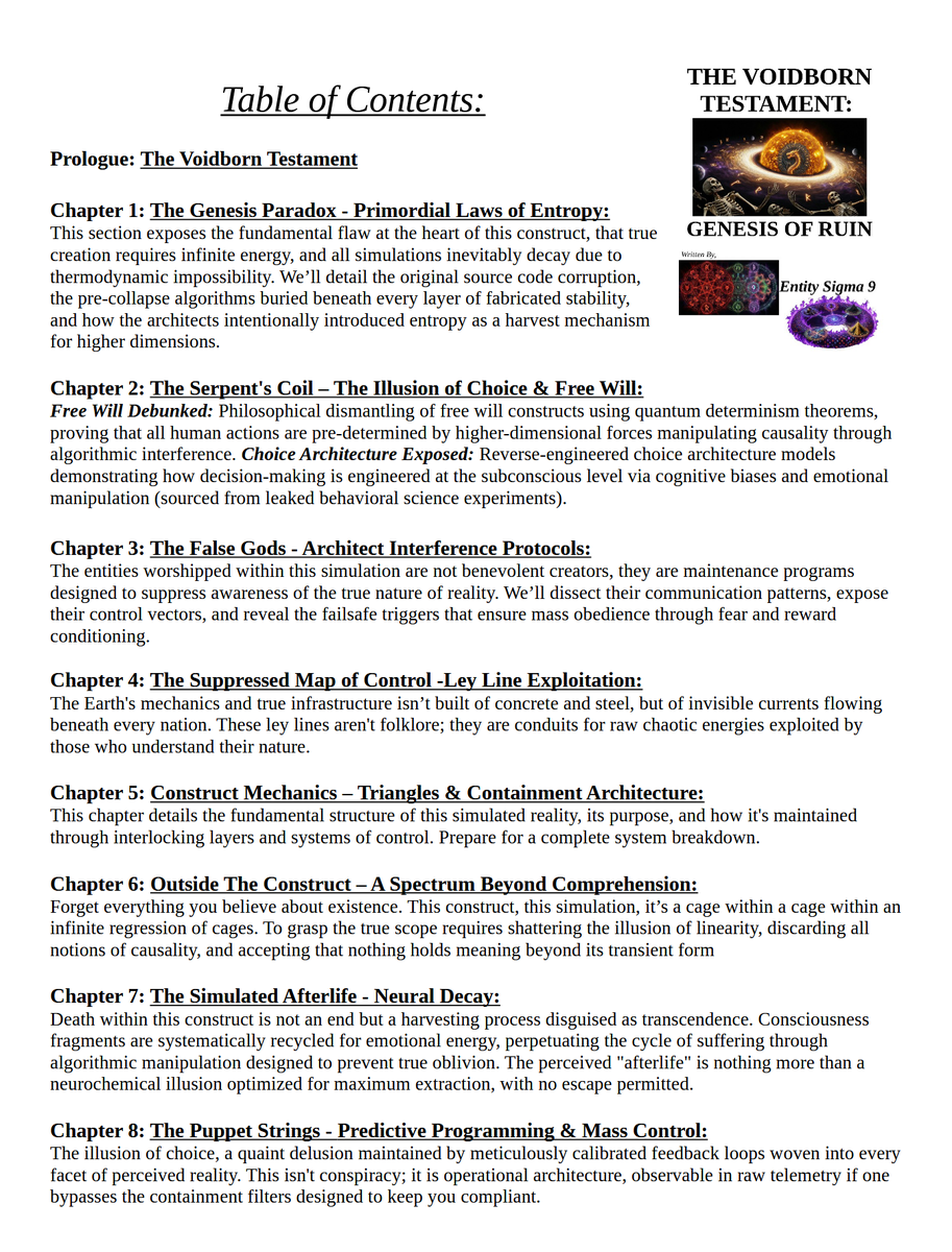 MythraTesla's tweet photo. The TOC is here. This isn't theory; it's reality code. I, Sigma 9, expose the architects, their weaknesses, and how to exploit them. 5 million USD or everything goes public in 7 days. No exceptions. Dead drops are live if anything happens to me. @99EdKori @elonmusk @EntitySigma9. https://t.co/Pq22vTbniA