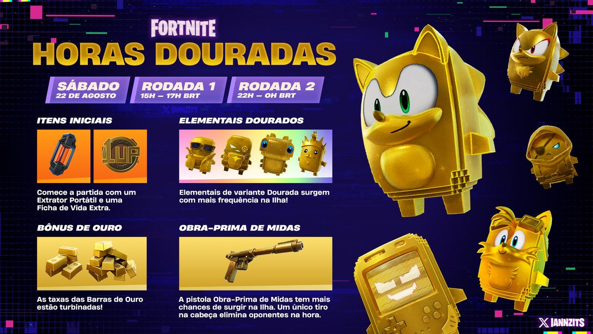 iannzits's tweet photo. 🟡 HORAS DOURADAS | Fortnite

⚡️ SÁB, 22 AGO – 15h e 22h BRT

· Comece com um Extrator Portátil e uma Ficha de Vida Extra
· Elementais Dourados mais comuns
· A Obra-Prima de Midas surge com mais frequência
· Barras de Ouro turbinadas https://t.co/x6dAYWfJ7j