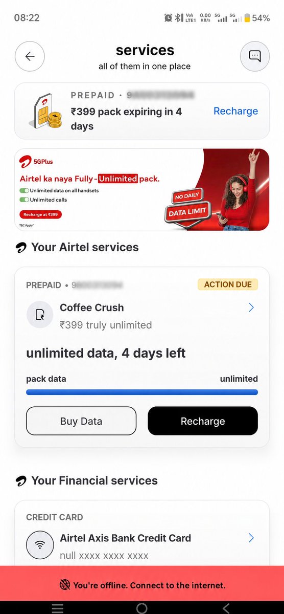 Monojitr1994's tweet photo. @airtelindia @Airtel_Presence 4 DAYS of validity are still left on my unlimited plan, and yet both internet and calling have stopped working. Why the hell is Airtel doing this? If the plan is active, provide the services I’ve paid for. Simple. https://t.co/qtlKabSlLN