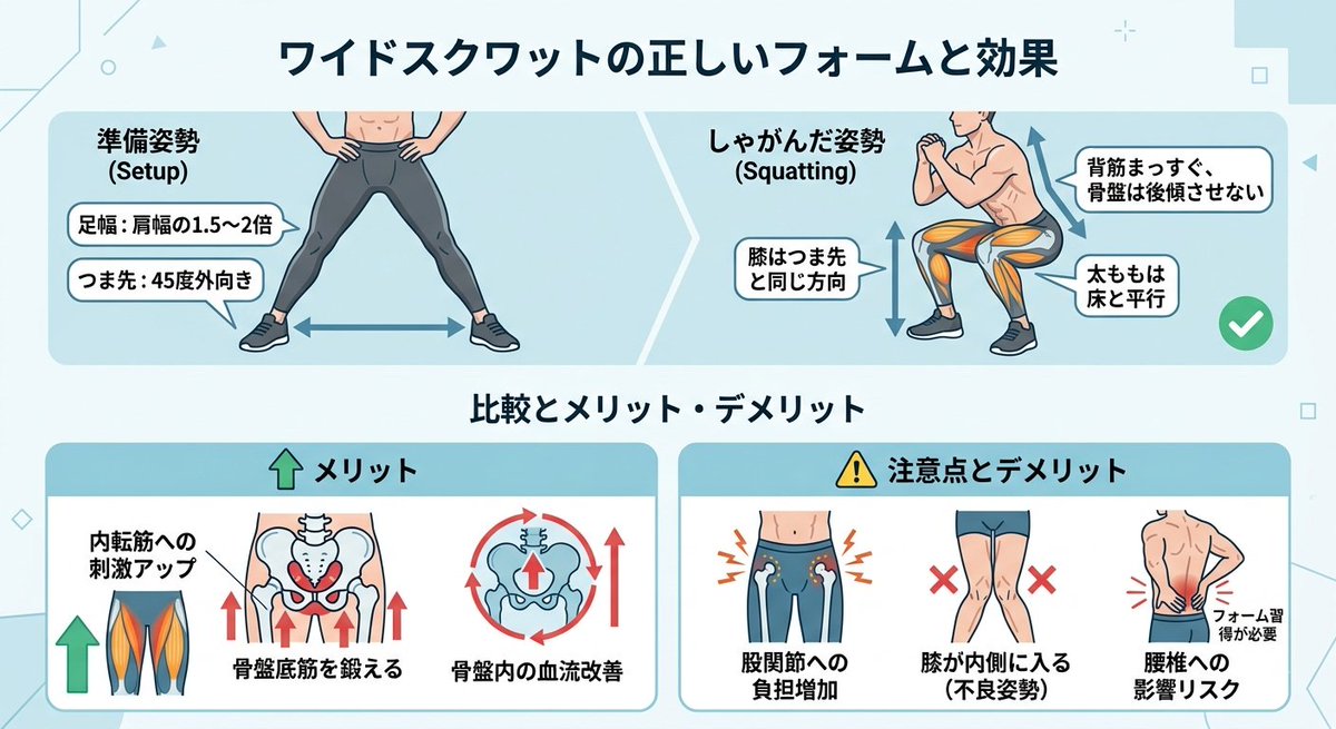 aokj2002's tweet photo. 勃起力＝ワイドスクワット

って思ってない？
確かに効くけど、

一方で、
・習得が難しい
・広い可動域が必要
などデメリットもある。

普通のスクワットで、
・しっかり呼吸をする。
・会陰中心を意識する。

これだけでも全然違うよ https://t.co/OlmyMcdofp