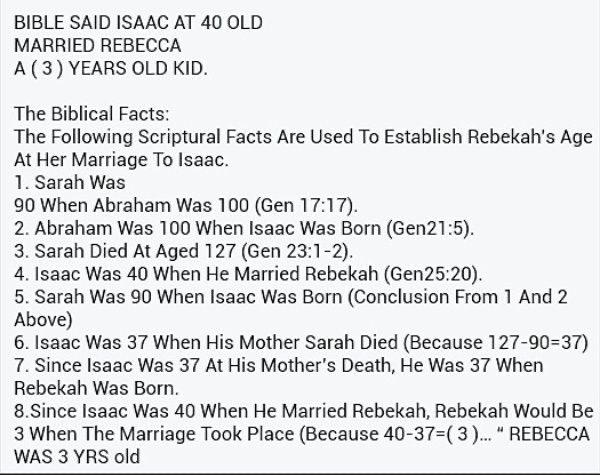 fittythighs's tweet photo. @dawahxdialogues Well he should not be OK with Rebecca being three years old when she got married to Isaac. https://t.co/Ejm5K4HHTT