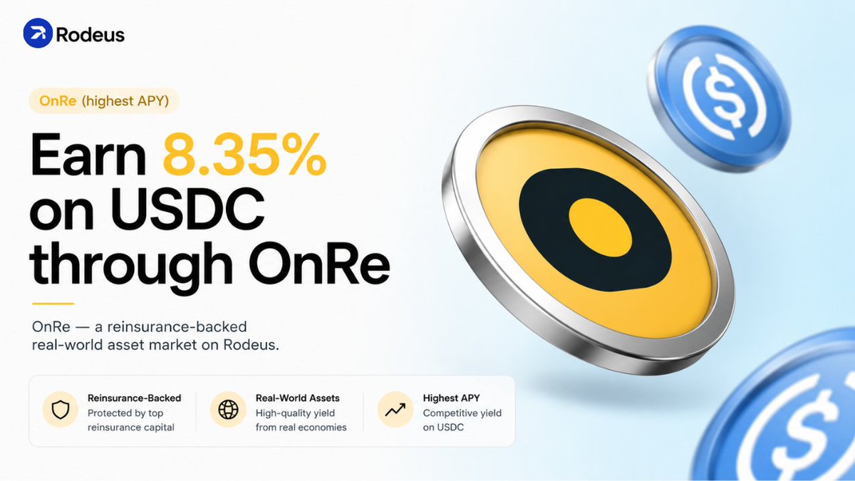 Rodeus_labs's tweet photo. Earn 8.35% on USDC through OnRe a reinsurance-backed real-world asset market on Rodeus. Real reinsurance premiums, real yield, fully on-chain. 
$ 59M+ already supplied. This is what productive RWA lending looks like. https://t.co/85PyS6Y9cN