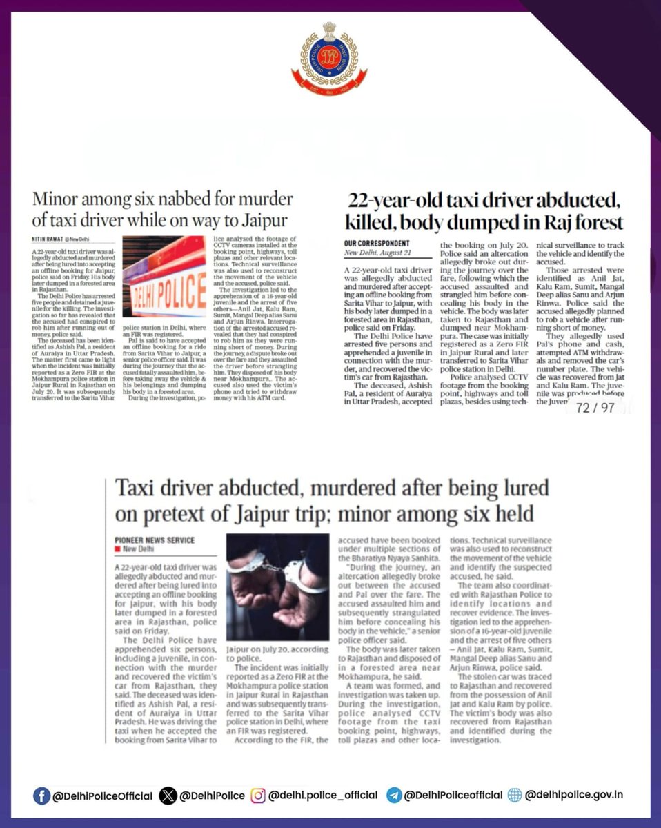 DelhiPolice's tweet photo. 📰 आज की मुख्य सुर्खियां :-

1. गैंगस्टर्स के खिलाफ़ सख़्त एक्शन निरन्तर जारी - @CrimeBranchDP की टीम ने भाऊ गिरोह के 2 अपराधियों को मुठभेड़ के बाद किया गिरफ्तार।

2. @dcp_outernorth की टीम ने हाईटेक सट्टा गिरोह का किया पर्दाफाश; 31 आरोपी गिरफ्तार, ₹8.9 लाख से अधिक नकद, 7 लैपटॉप, 38 मोबाइल व जुए के लिए इस्तेमाल अन्य समान बरामद।

3. @DCPSEastDelhi की टीम ने टैक्सी चालक के अपहरण एवं हत्या के मामले में 5 आरोपियों को गिरफ्तार व 1 नाबालिग़ को अभिरक्षा में लिया।

4. 'डिजिटल अरेस्ट' के झांसे में पूर्व आर्मी ऑफिसर से तकरीबन ₹15.5 लाख ठगने वाले 4 आरोपियों को @dcp_southwest की टीम ने किया गिरफ्तार।

@LokNiwasDelhi

#DPUpdates
#HelloPoliceStation
#HelloDelhiPolice