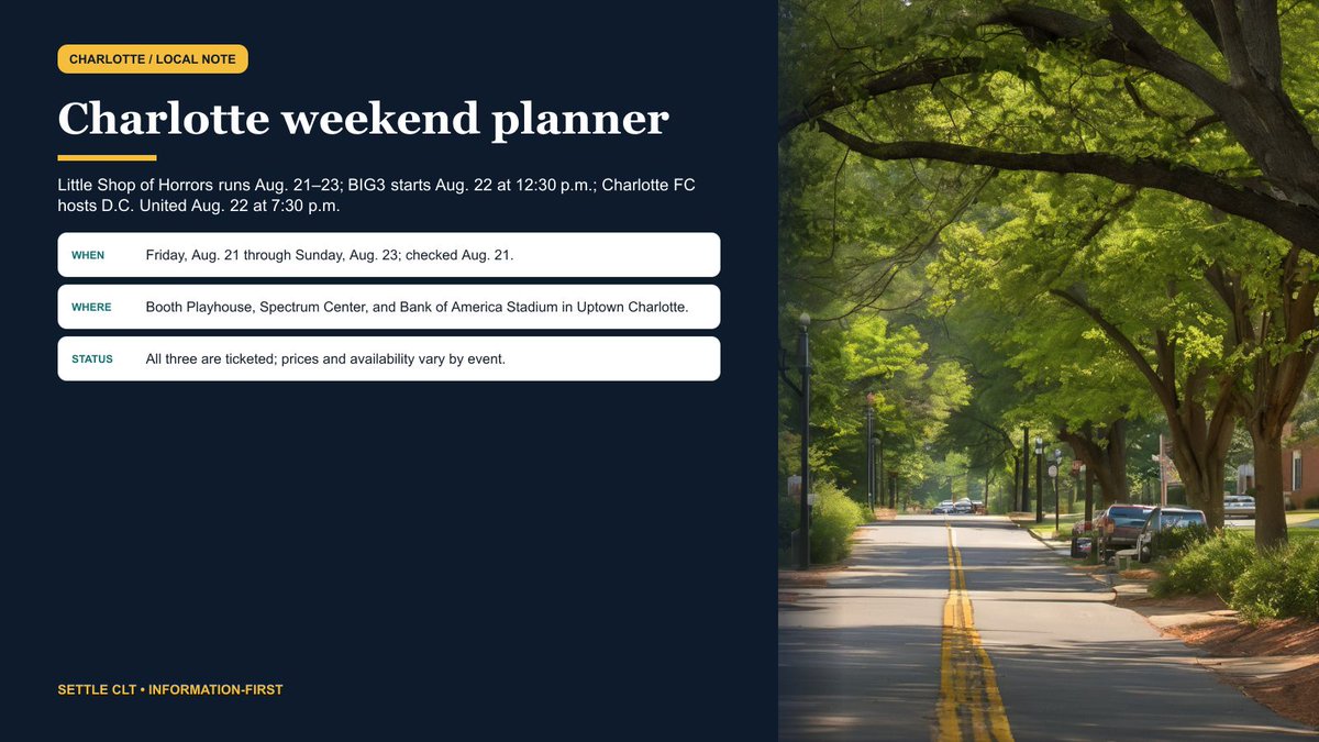 SettleClt's tweet photo. CLT note: Charlotte weekend planner. Friday, Aug. 21 through Sunday, Aug. 23; checked Aug. 21. Booth Playhouse, Spectrum Center, and Bank of America Stadium in Uptown Charlotte. All three are ticketed; prices and availability vary by event. Next: Choose one option and confirm… https://t.co/8fVi7R3xER