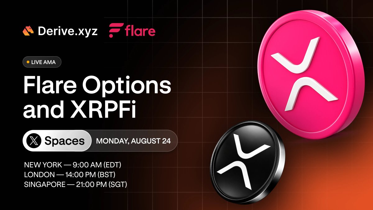 DeriveXYZ's tweet photo. On August 24 at 9 AM ET, we're joining @FlareNetworks to talk XRP and generating yield with options.

Heading into the next bull market, options will be one of the most valuable tools an XRP holder can learn.

RSVP: https://t.co/SWWZhRpjZG https://t.co/ojgmfBoLSC