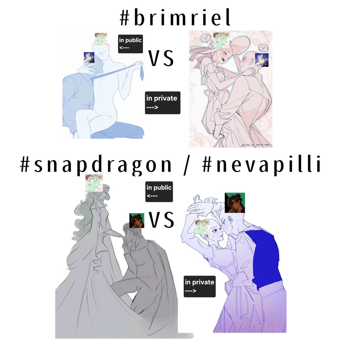 BrimmenevaVT's tweet photo. Me and my yumes in public vs with friends / in private be like...
#Vivneva #Crova #Brimriel #Snapdragon #Taeneva #Gilva #yumeships #shipdynamics https://t.co/gmO8VKF6AT
