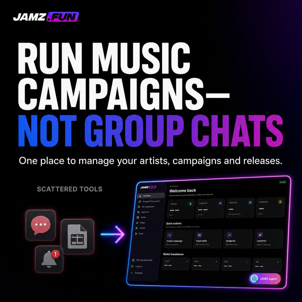 jamzdotfun's tweet photo. Record labels and artist managers shouldn’t have to manage campaigns across group chats, spreadsheets and scattered DMs.

With https://t.co/Yzkg28dAtb, artists & their teams can manage their music release & campaigns from one dashboard:

🎯 Launch campaigns for different tracks
💰 Set and manage campaign prize pools
📱 Coordinate participating creators
📊 Track campaign activity
🎵 Manage multiple artists and releases

Less chasing updates across different tools. More control over how each release is promoted.

Run music campaigns—not group chats.

Limited access → https://t.co/4JrtyviitP