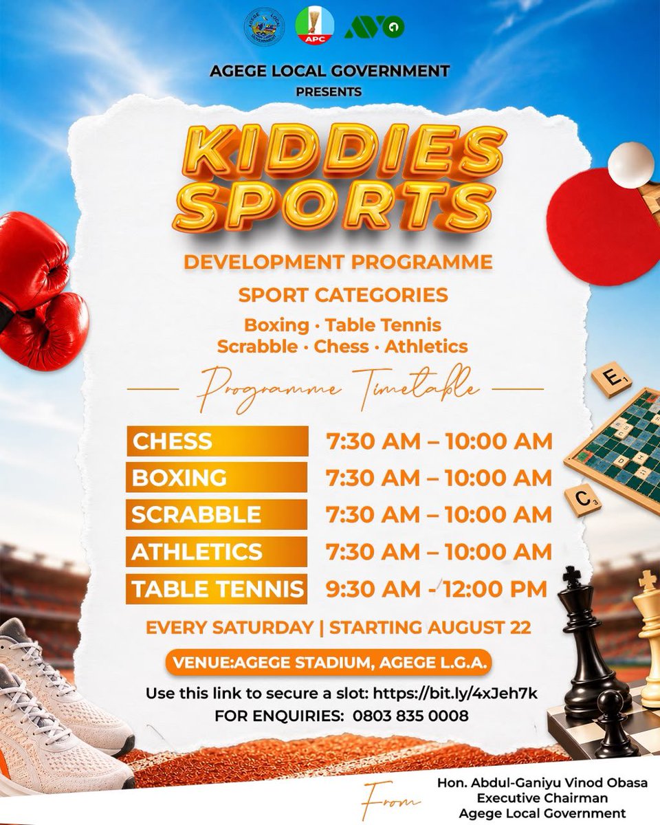 ganiyuobasa2025's tweet photo. AGEGE’S NEXT GENERATION OF CHAMPIONS IS GETTING READY! 

Talent doesn’t always announce itself, sometimes, it just needs the right platform.

The Agege Kiddies Sports Development Programme is here to give our young boys and girls that platform to discover their abilities, build discipline and develop the skills that could take them all the way.

From Boxing, Table Tennis, Scrabble, Chess to Athletics, there’s something for every young talent ready to compete, learn and grow.

Parents, this is your chance to get your children involved. The next champion could be yours! 

Secure a slot: https://t.co/7wBvsJN7eB

#avo #avoisworking #agege #anewagegeisrising #kiddiessports
