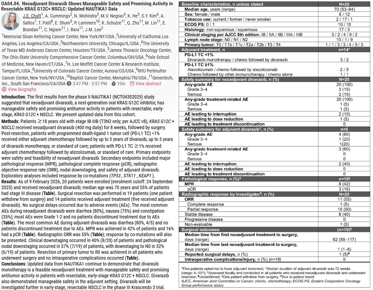 NAUTIKA1 WCLC 2026 abstract OA04.04 - neoadjuvant divarasib in resectable KRAS G12C+ NSCLC: MPR 42%, pCR 16%, ORR 55%, safety and surgical outcome tables