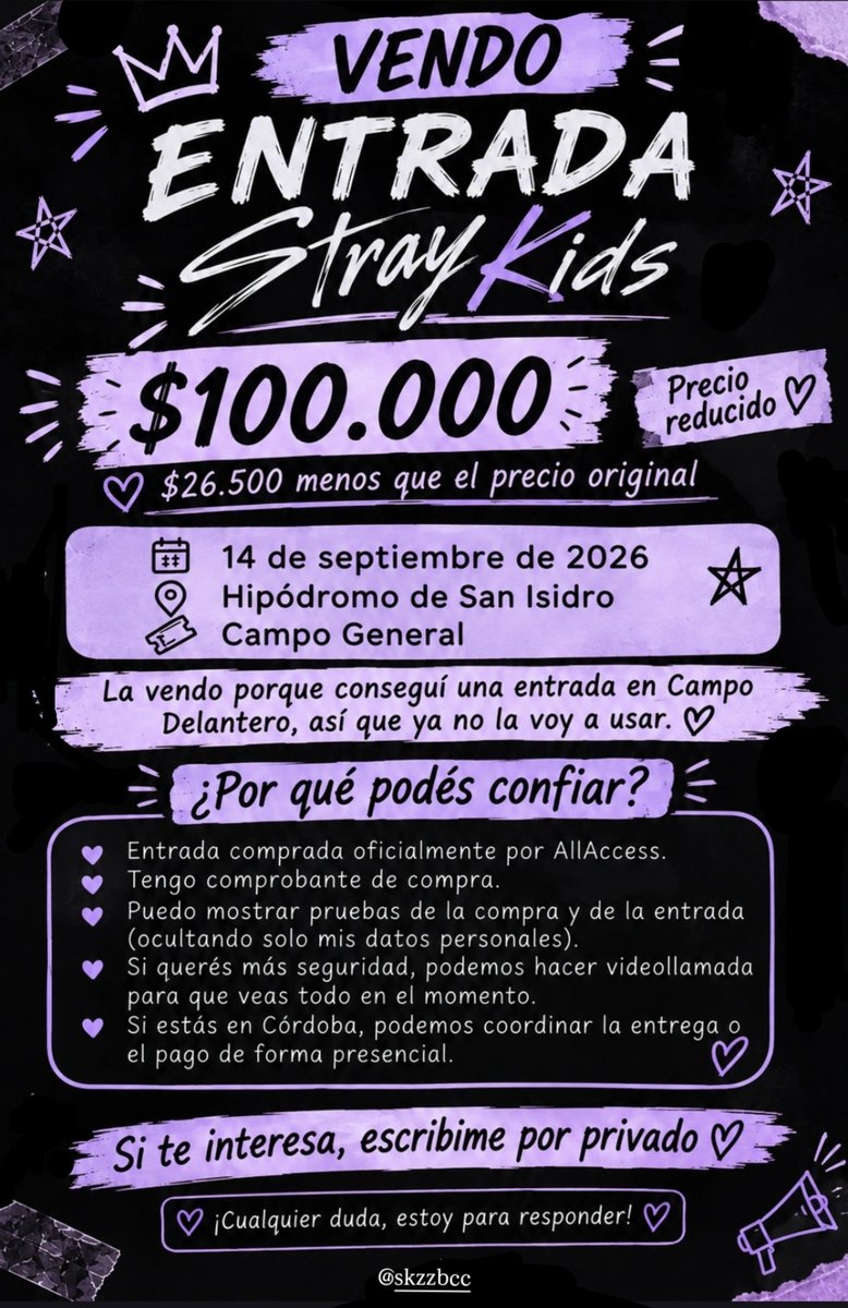 skzzbcc's tweet photo. 🚨 VENDO ENTRADA SKZ 🚨 #straykids

🎟️ Campo General — 14/09
💗 $100.000 (la compré a $126.500)

Entrada oficial de AllAccess + comprobante. Si necesitan más seguridad, hacemos videollamada o podemos coordinar presencial en Córdoba 🫶🏻 #straycity

IG: skzzbcc https://t.co/LYzfxr4Zbb