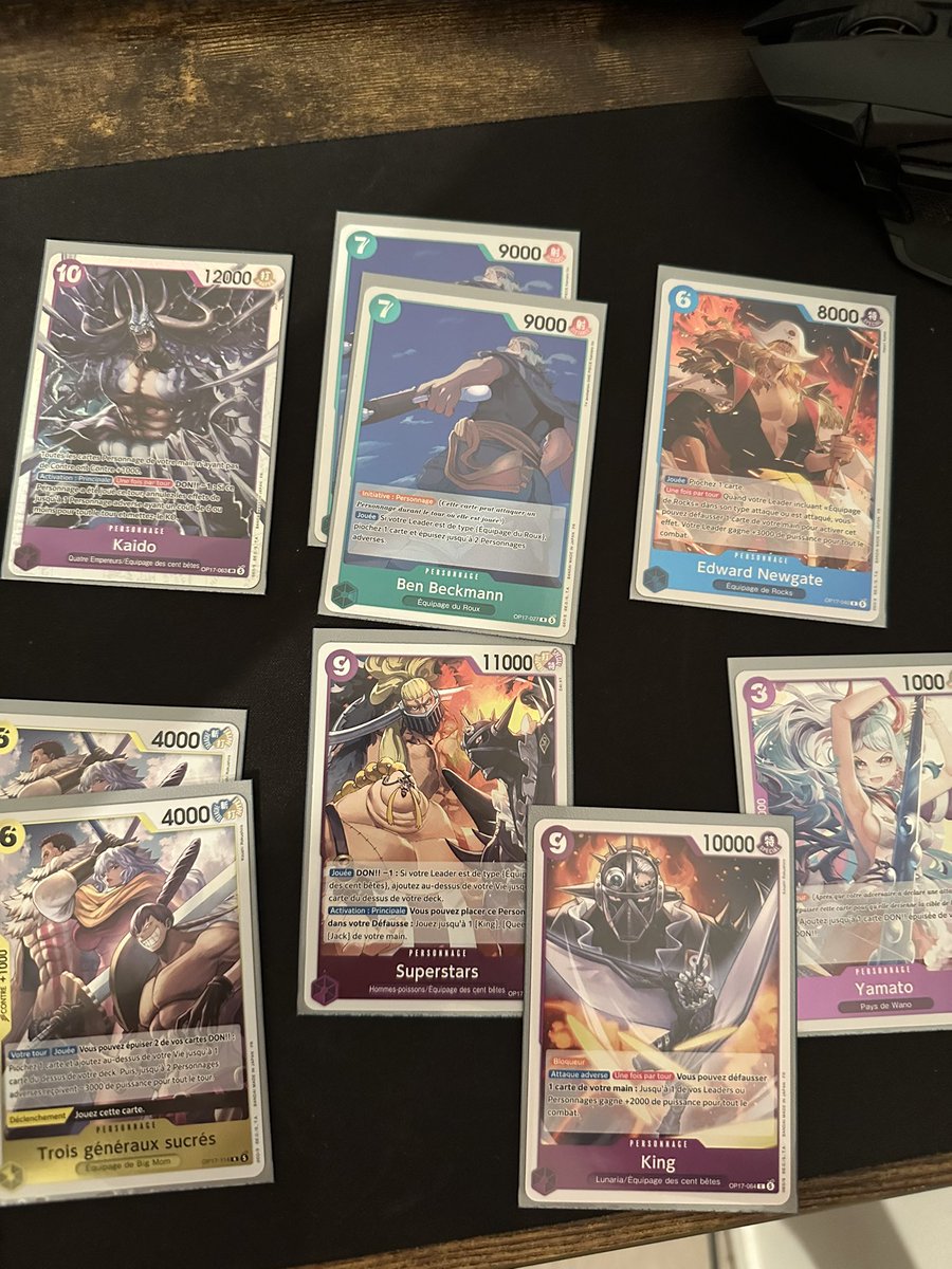 TMSSpaRk's tweet photo. OP17 Pre-Release Day ‼️

The only good card I pulled was the SR Kaido during the Pre-Release, and no luck in my display either, pulled Miss Buckingham Alt that I sold directly and a Pandaman card 😅

Fingers crossed for better pulls tomorrow 🤞 https://t.co/8kLMbeiedW