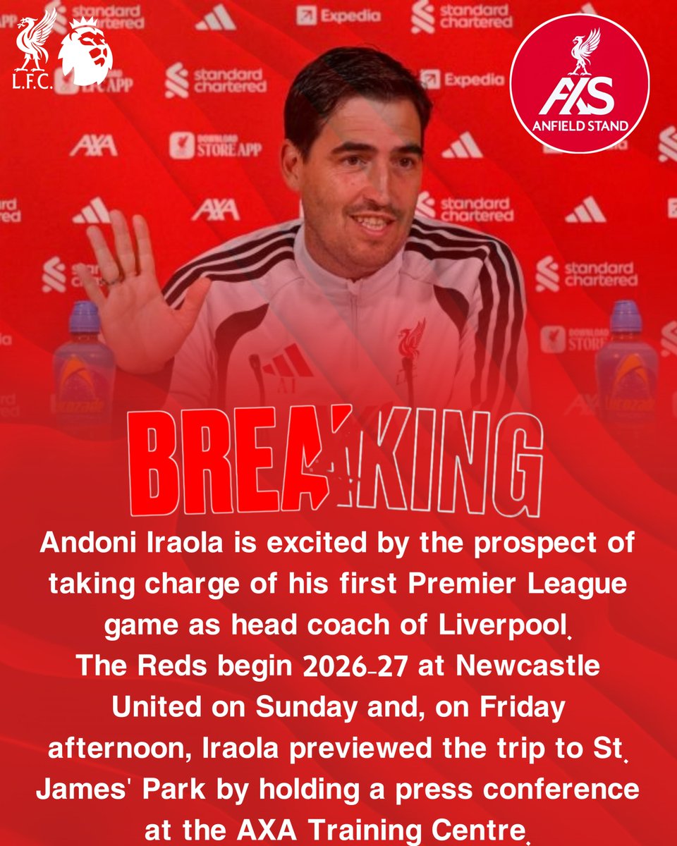 anfieldstandtv's tweet photo. 🚨🚨 BREAKING: Andoni Iraola press conference: Newcastle v Liverpool, first-game excitement, transfers and more, Andoni Iraola is excited by the prospect of taking charge of his first Premier League game as head coach of Liverpool.

The Reds begin 2026-27 at Newcastle United on Sunday and, on Friday afternoon, Iraola previewed the trip to St. James’ Park by holding a press conference at the AXA Training Centre.
Full story Link below 👇 
https://t.co/C7hrrJtC1a