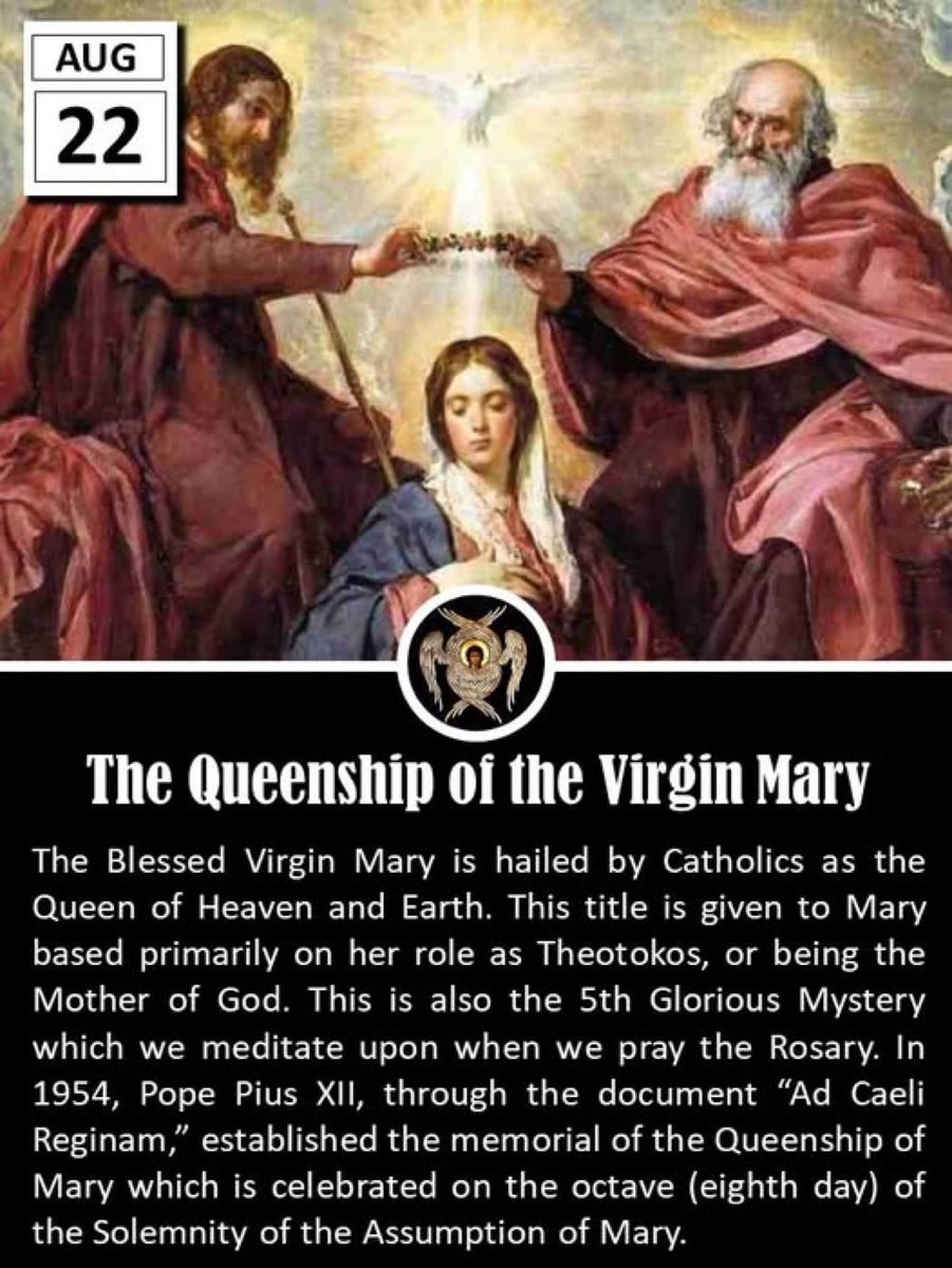 father_rmv's tweet photo. Today, the Church celebrates the Memorial of the Queenship of Mary, a feast that honors the Blessed Virgin Mary as Queen of Heaven and Earth. This commemoration, instituted by Pope Pius XII in 1954 through the encyclical Ad Caeli Reginam, underscores Mary's unique role in salvation history and her exalted position as the Mother of Jesus Christ, the King of all creation.  

The title of "Queen" for Mary flows from her divine motherhood. As the Mother of Jesus, who is both fully God and fully human, Mary holds a singular place in the divine plan. Her queenship is not one of earthly power or dominion but of spiritual motherhood and intercession. She is seen as the perfect disciple, who faithfully followed God's will, from the Annunciation to the Cross, and now reigns with her Son in heaven. This feast, celebrated one week after the Assumption, emphasizes her glorification and her role as a bridge between humanity and Christ.  

The Queenship of Mary also reflects her role as a model for Christians. Her fiat—her "yes" to the will of God—exemplifies humility, obedience, and trust. As Queen, she intercedes for humanity, guiding the faithful toward her Son ("Do whatever He tells you" Jn. 2:5). The feast invites believers to reflect on her example and seek her maternal intercession in their spiritual journey.
