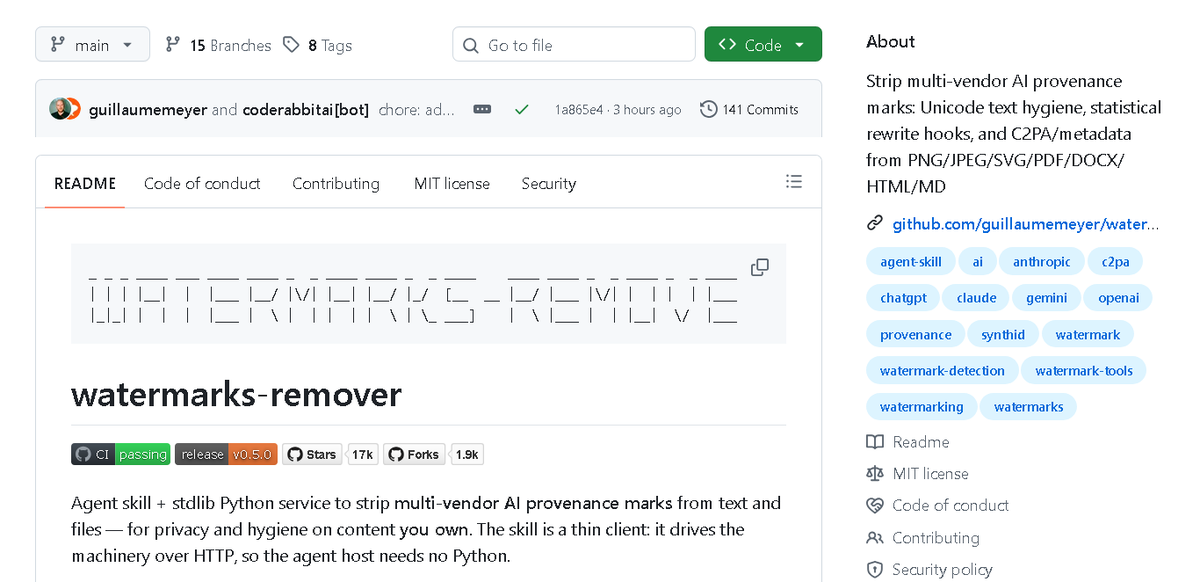 clxymox's tweet photo. 🐍 watermarks-remover
⭐ 16,615 stars
Protégez vos données en nettoyant les marques de provenance IA et métadonnées de vos fichiers ! 🛡️🧵👇
#GitHub #Python #OpenSource https://t.co/xIZiAo92u6